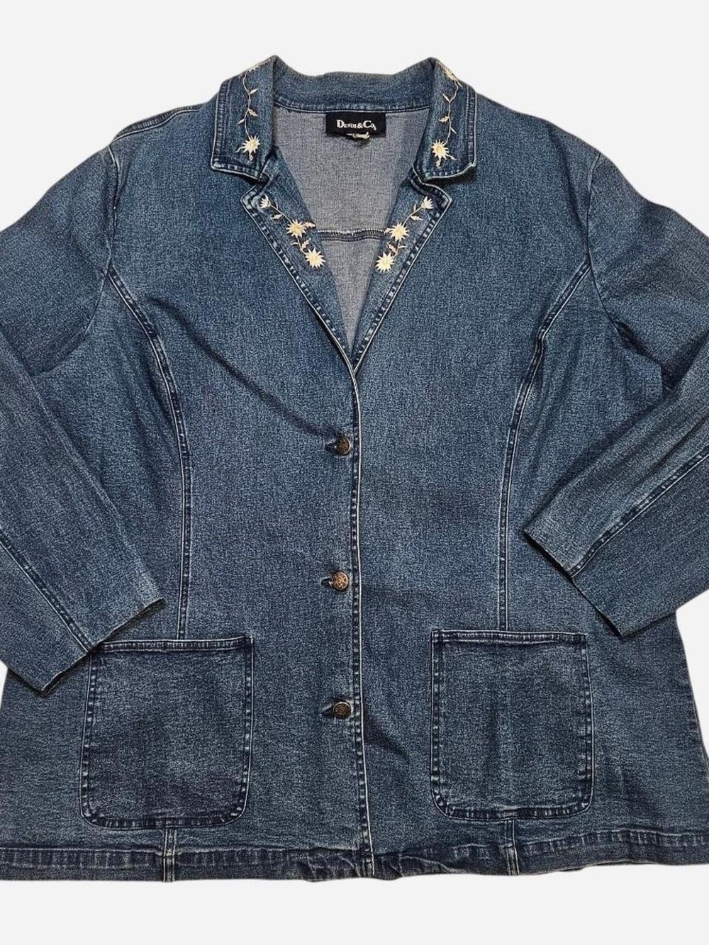 Vintage Denim&Co Indigo Daisy Chain Embroidered-Collar Jean Jacket 2XL